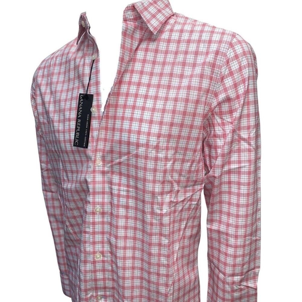 Banana Republic Mens Non-Iron Color Pink Plaid Slim Fit Button Down 525295 NWT